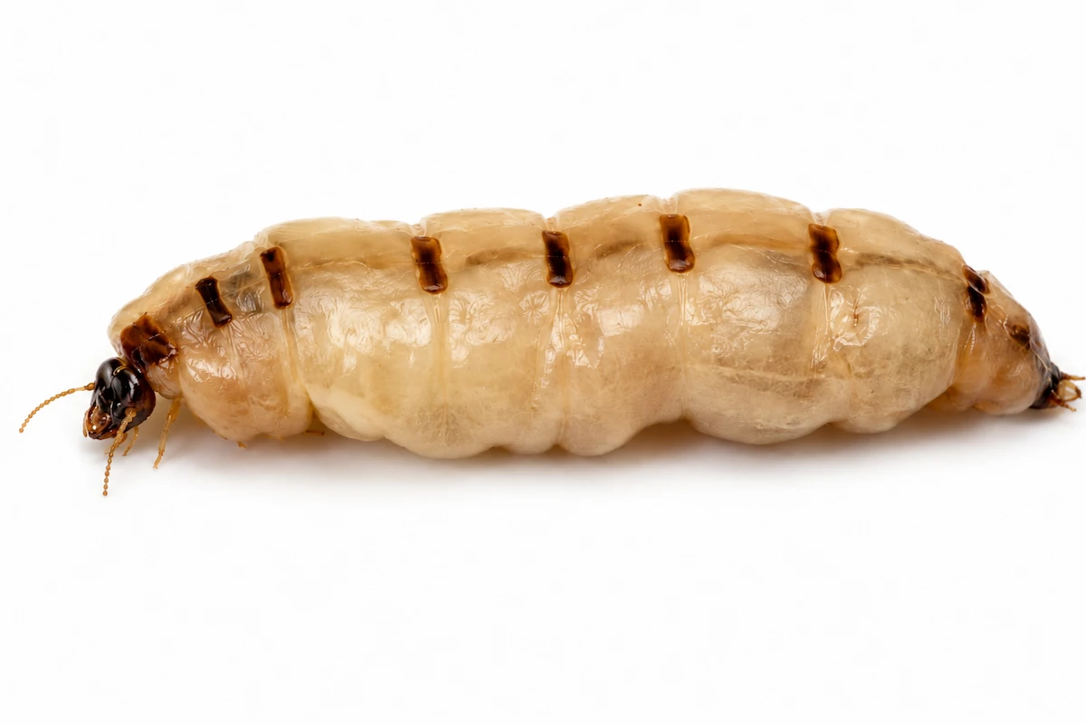 Reina de termitas Reticulitermes con abdomen desarrollado sobre fondo blanco de laboratorio